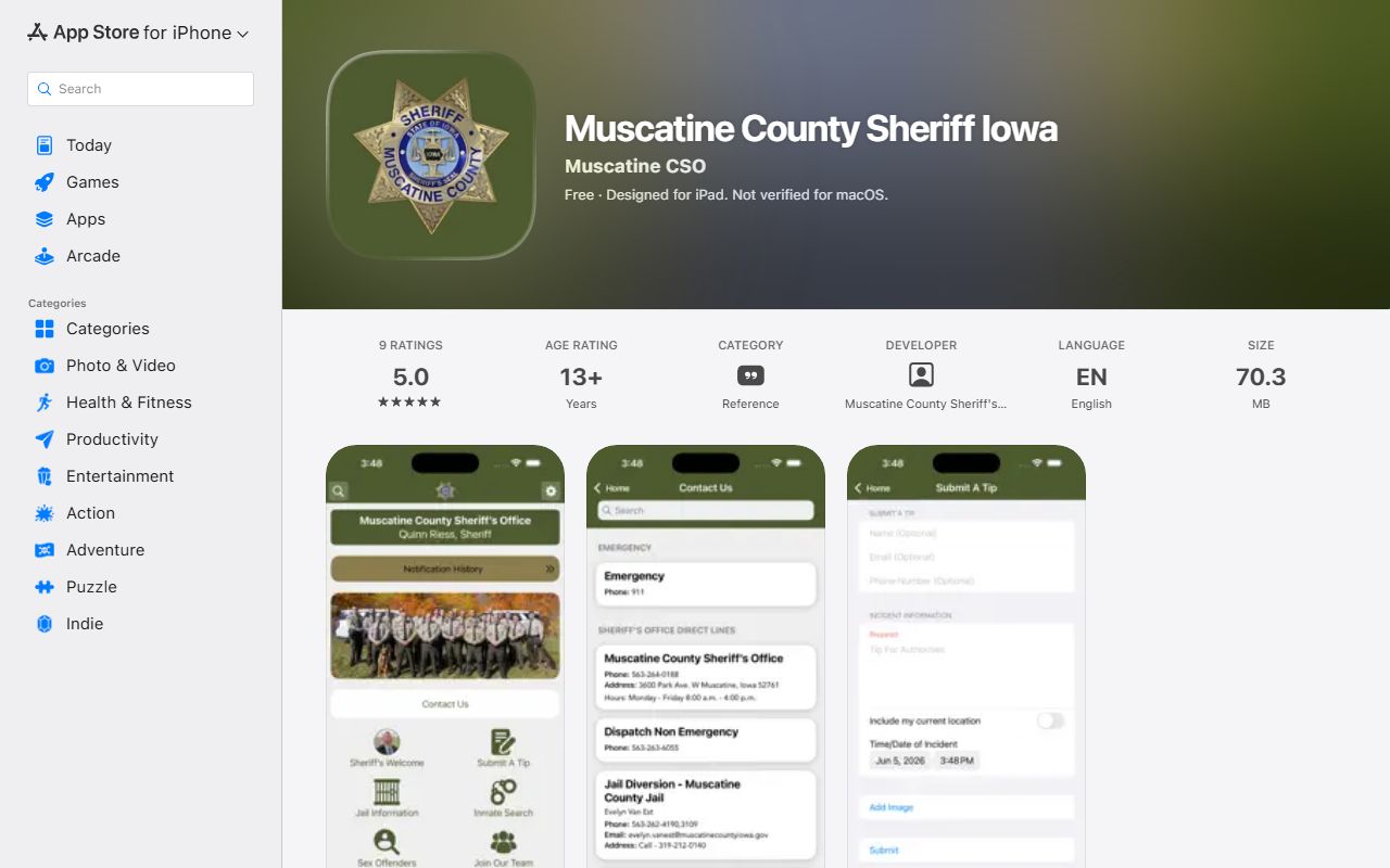 Muscatine County jail mugshots sheriff app booking channel listing